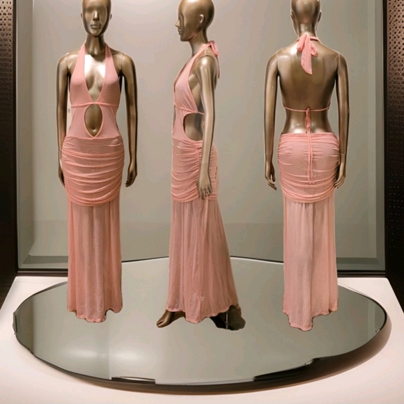 NWT Sexy Pink Halter Cut-Out Ruched Sheer Mesh Ibiza Maxi Dress Sz M - Picture 11 of 14